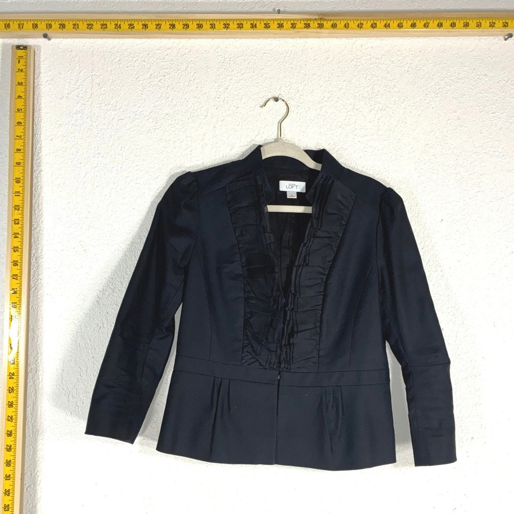 Ann Taylor Loft Black Ruffle Front Blazer Jacket Size 4 Cotton Peplum 162-235473